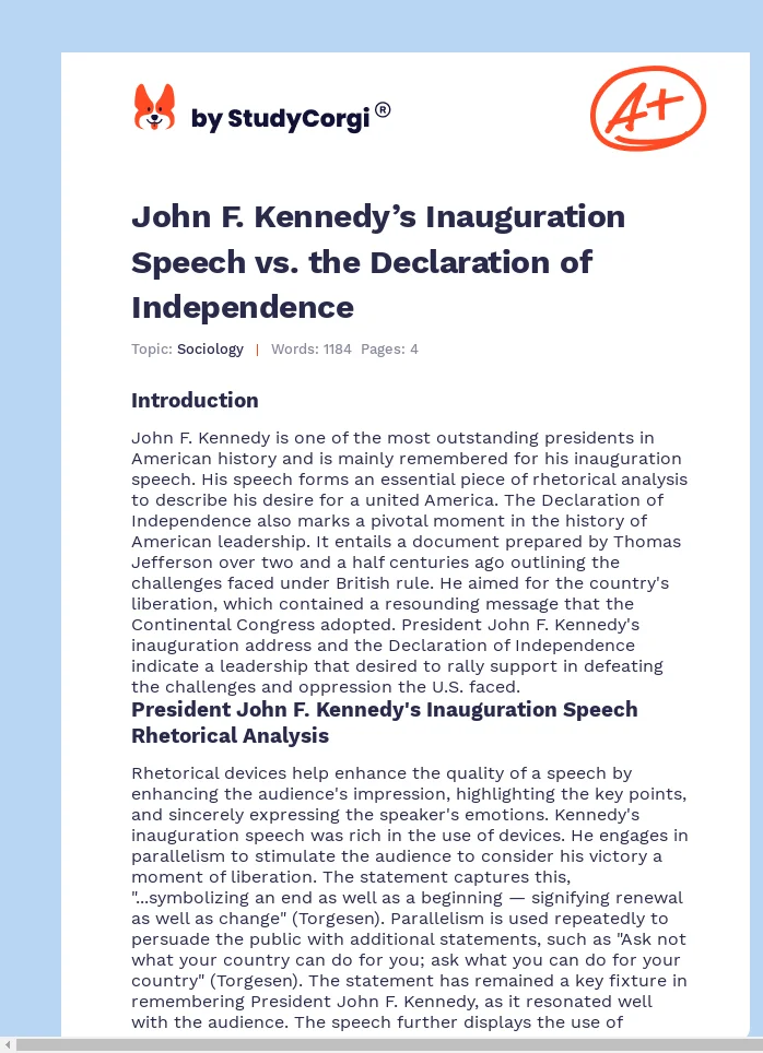 John F. Kennedy’s Inauguration Speech vs. the Declaration of Independence. Page 1
