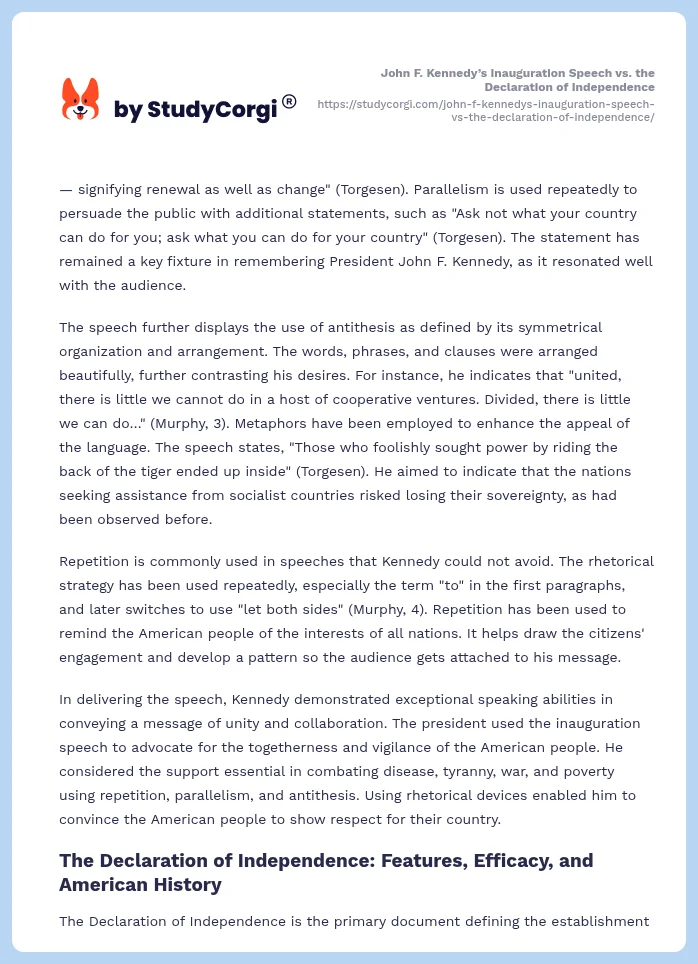 John F. Kennedy’s Inauguration Speech vs. the Declaration of Independence. Page 2
