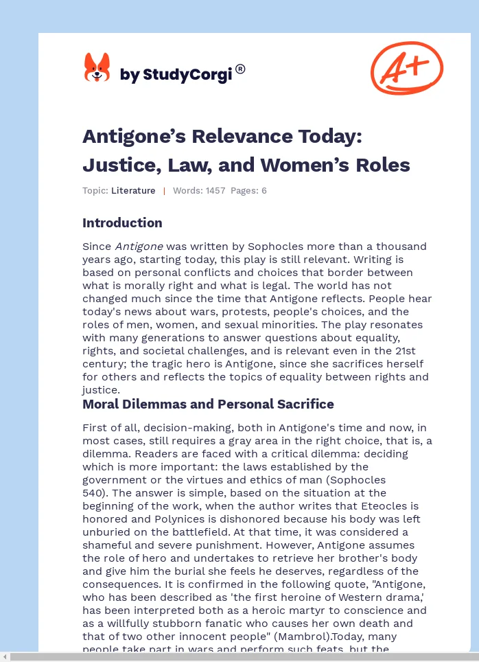 Antigone’s Relevance Today: Justice, Law, and Women’s Roles. Page 1
