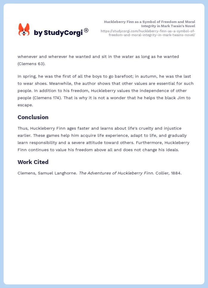 Huckleberry Finn as a Symbol of Freedom and Moral Integrity in Mark Twain’s Novel. Page 2
