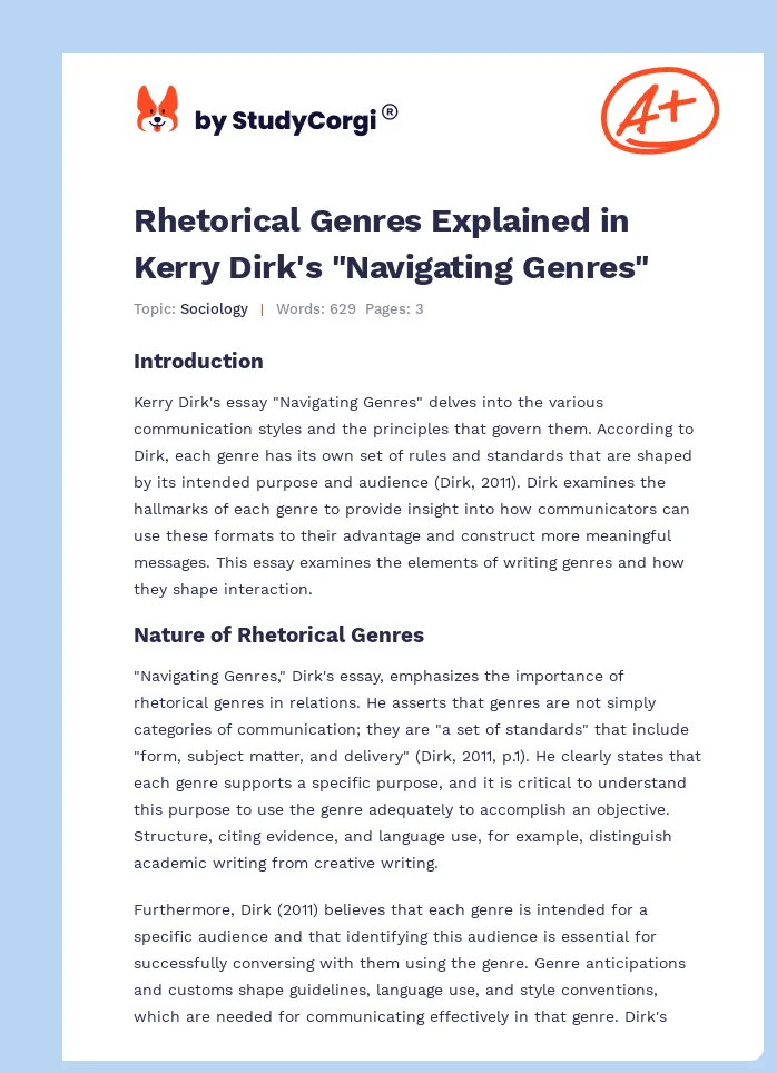 Rhetorical Genres Explained in Kerry Dirk's "Navigating Genres". Page 1