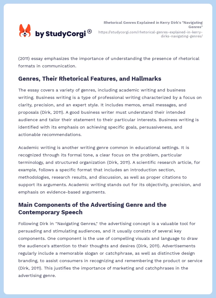 Rhetorical Genres Explained in Kerry Dirk's "Navigating Genres". Page 2