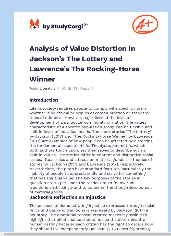 Analysis of Value Distortion in Jackson’s The Lottery and Lawrence’s The Rocking-Horse Winner. Page 1
