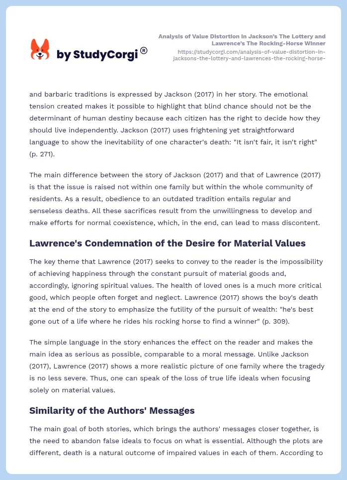 Analysis of Value Distortion in Jackson’s The Lottery and Lawrence’s The Rocking-Horse Winner. Page 2
