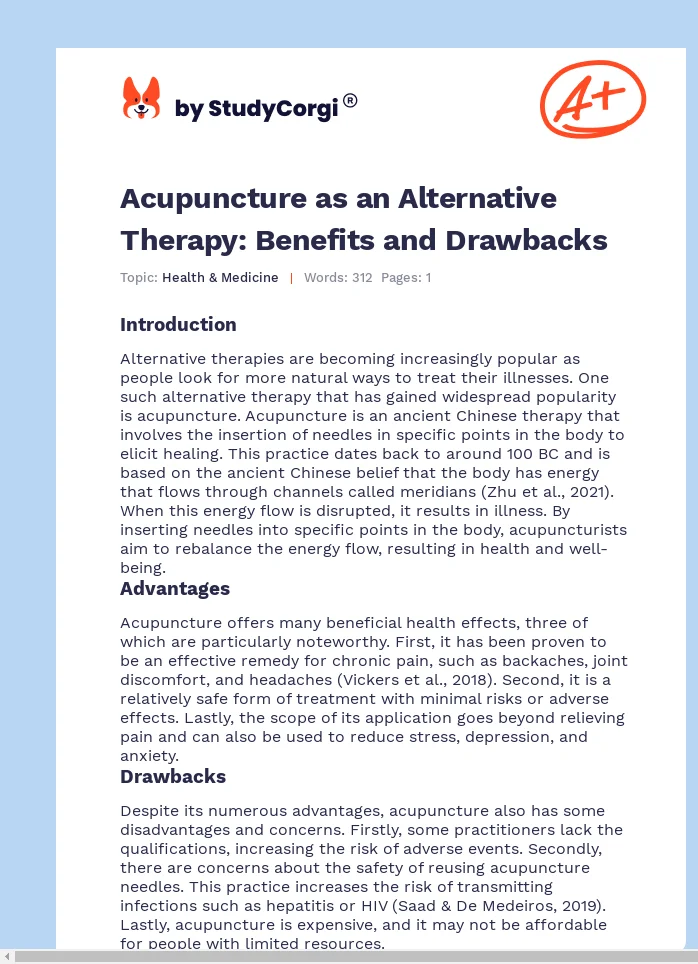 Acupuncture as an Alternative Therapy: Benefits and Drawbacks. Page 1