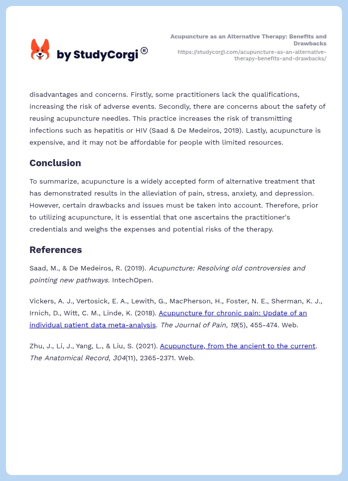 Acupuncture as an Alternative Therapy: Benefits and Drawbacks. Page 2