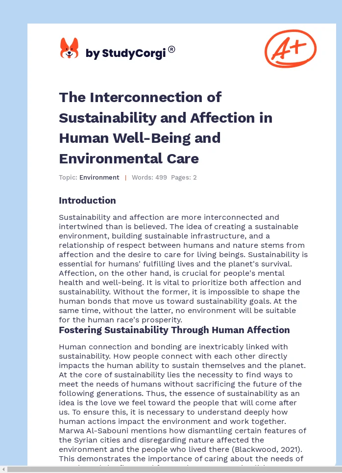 The Interconnection of Sustainability and Affection in Human Well-Being and Environmental Care. Page 1