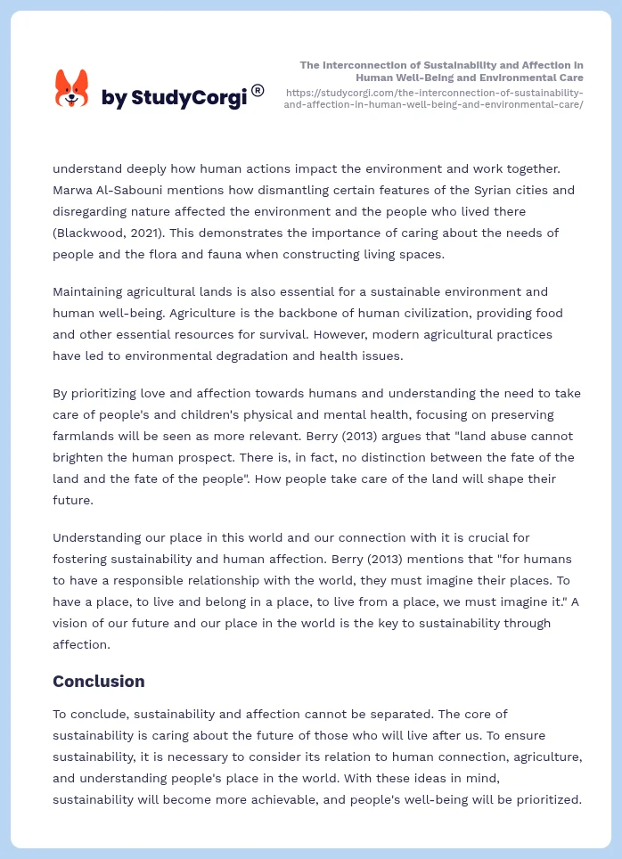 The Interconnection of Sustainability and Affection in Human Well-Being and Environmental Care. Page 2