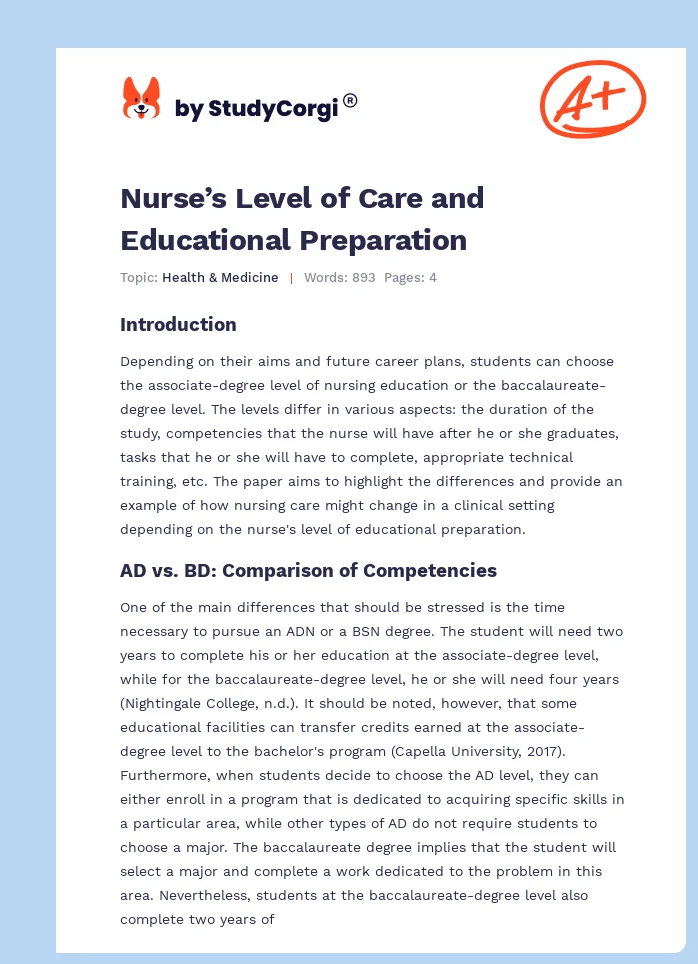 Nurse’s Level of Care and Educational Preparation. Page 1