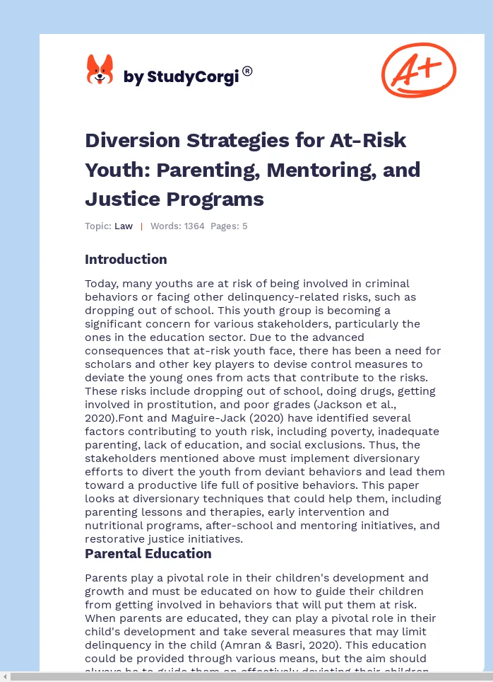 Diversion Strategies for At-Risk Youth: Parenting, Mentoring, and Justice Programs. Page 1