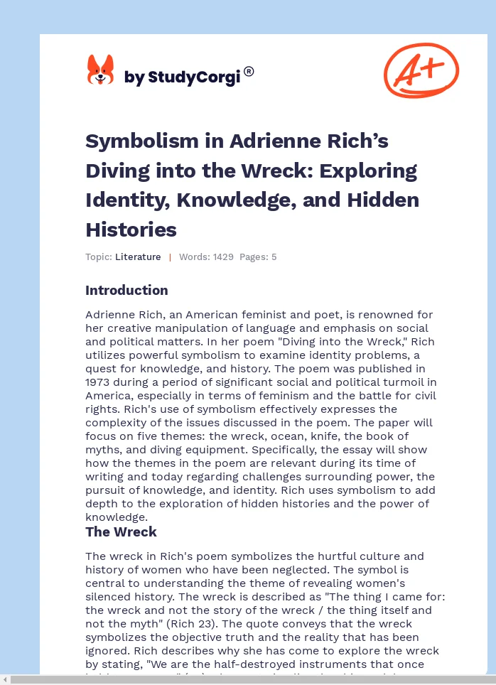 Symbolism in Adrienne Rich’s Diving into the Wreck: Exploring Identity, Knowledge, and Hidden Histories. Page 1