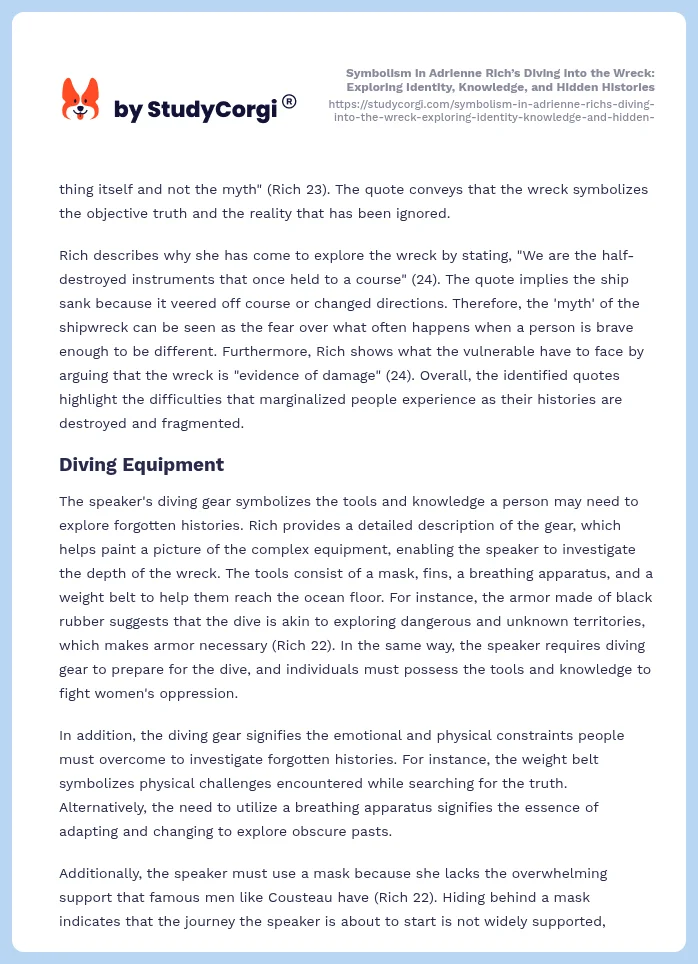 Symbolism in Adrienne Rich’s Diving into the Wreck: Exploring Identity, Knowledge, and Hidden Histories. Page 2