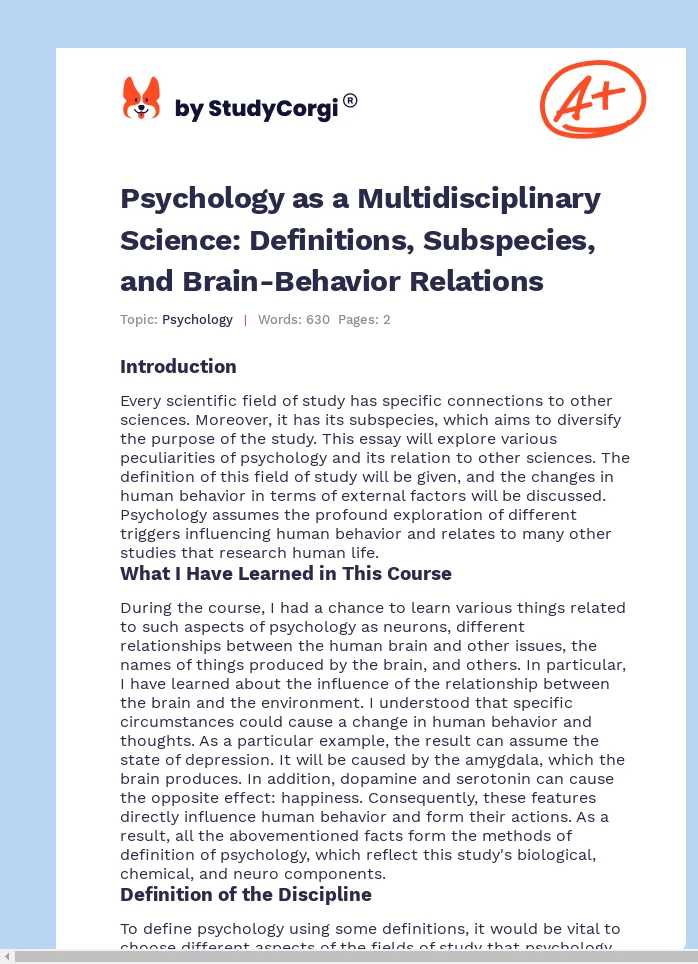 Psychology as a Multidisciplinary Science: Definitions, Subspecies, and Brain-Behavior Relations. Page 1