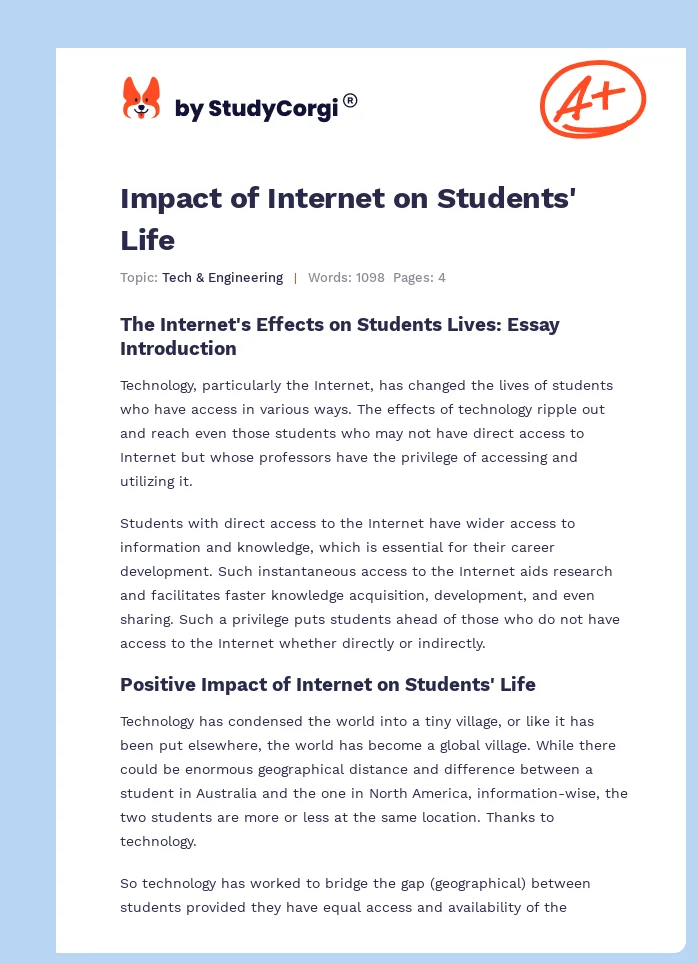 Impact of Internet on Students' Life. Page 1