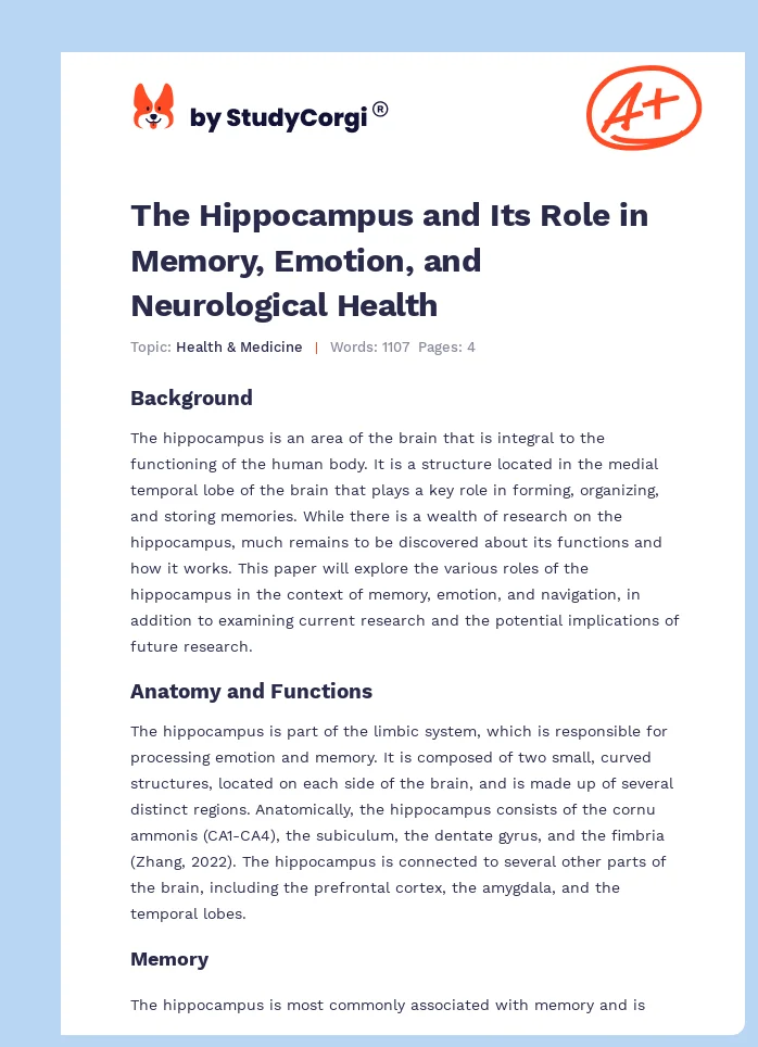 The Hippocampus and Its Role in Memory, Emotion, and Neurological Health. Page 1