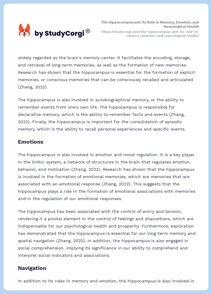The Hippocampus and Its Role in Memory, Emotion, and Neurological Health. Page 2