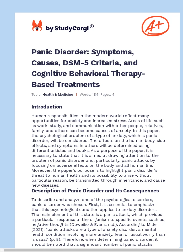Panic Disorder: Symptoms, Causes, DSM-5 Criteria, and Cognitive Behavioral Therapy-Based Treatments. Page 1