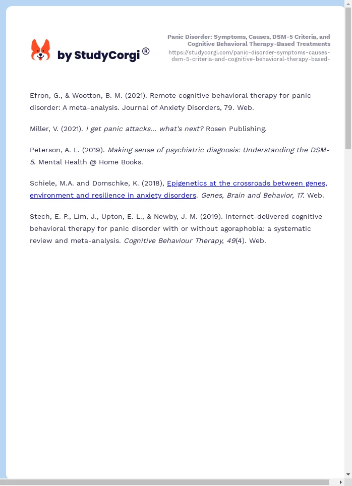 Panic Disorder: Symptoms, Causes, DSM-5 Criteria, and Cognitive Behavioral Therapy-Based Treatments. Page 2