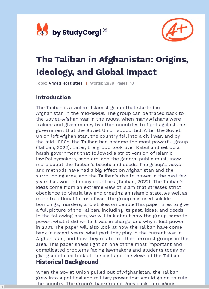 The Taliban in Afghanistan: Origins, Ideology, and Global Impact. Page 1