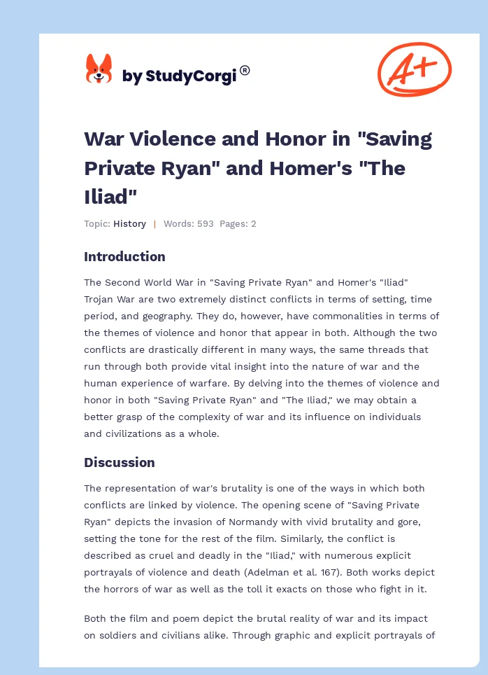 War Violence and Honor in "Saving Private Ryan" and Homer's "The Iliad". Page 1