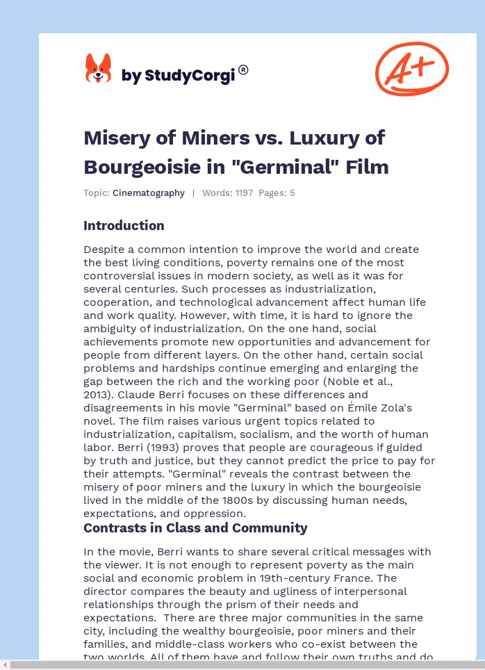 Misery of Miners vs. Luxury of Bourgeoisie in "Germinal" Film. Page 1