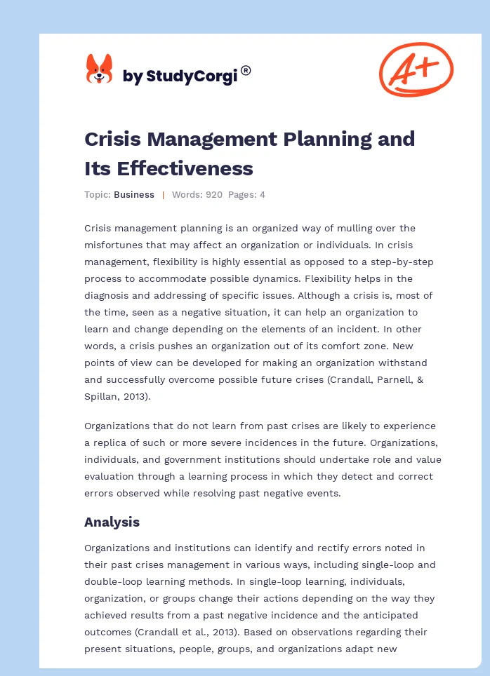 Crisis Management Planning and Its Effectiveness. Page 1