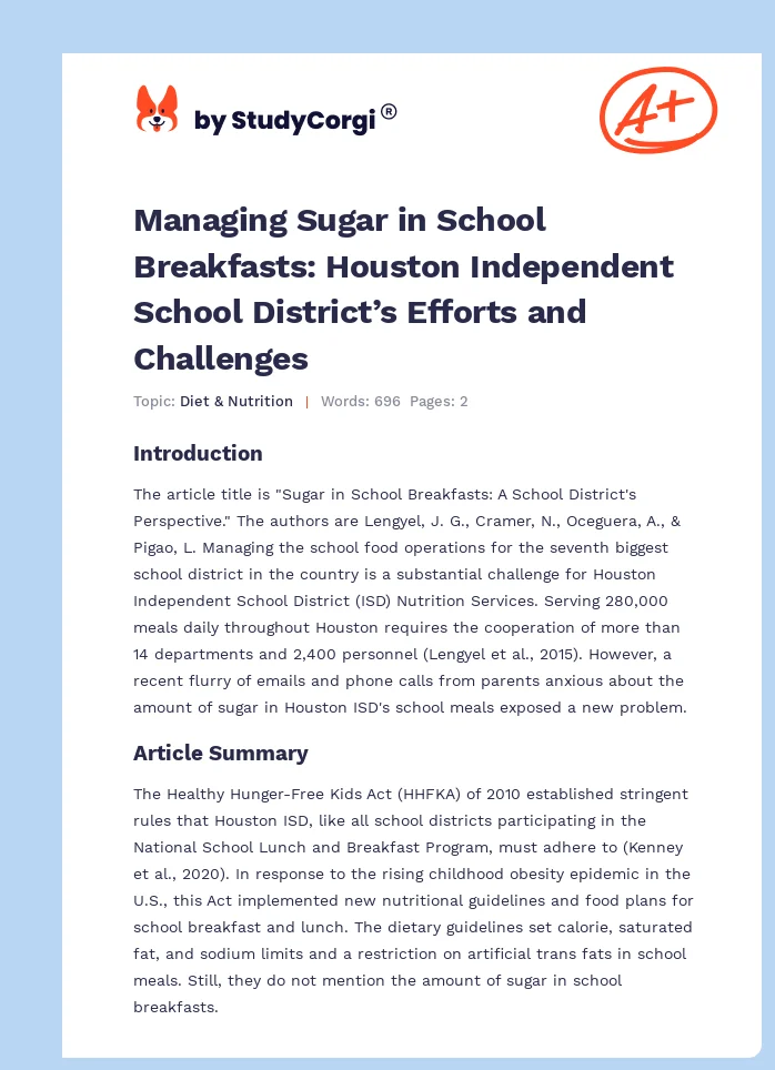 Managing Sugar in School Breakfasts: Houston Independent School District’s Efforts and Challenges. Page 1