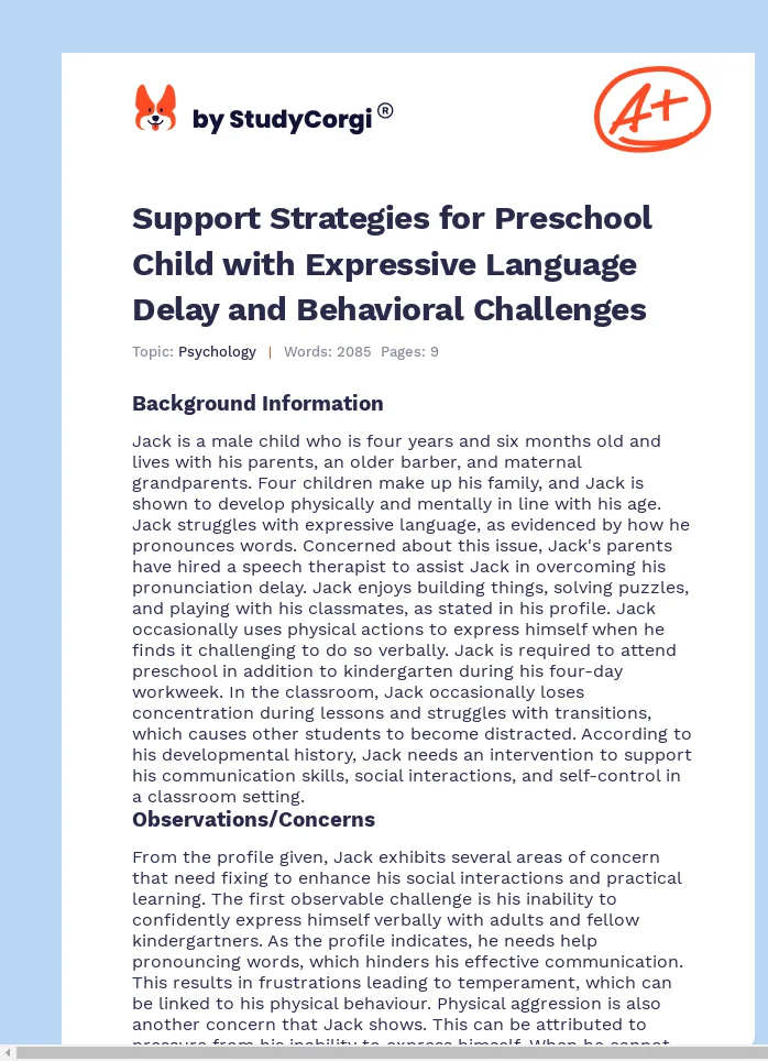 Support Strategies for Preschool Child with Expressive Language Delay and Behavioral Challenges. Page 1