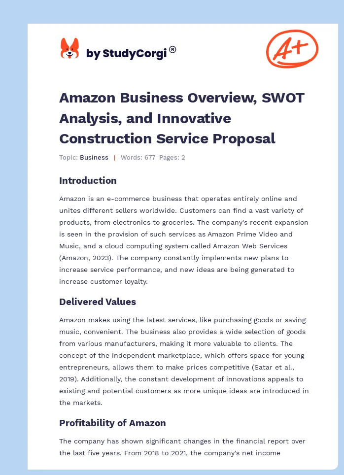 Amazon Business Overview, SWOT Analysis, and Innovative Construction Service Proposal. Page 1