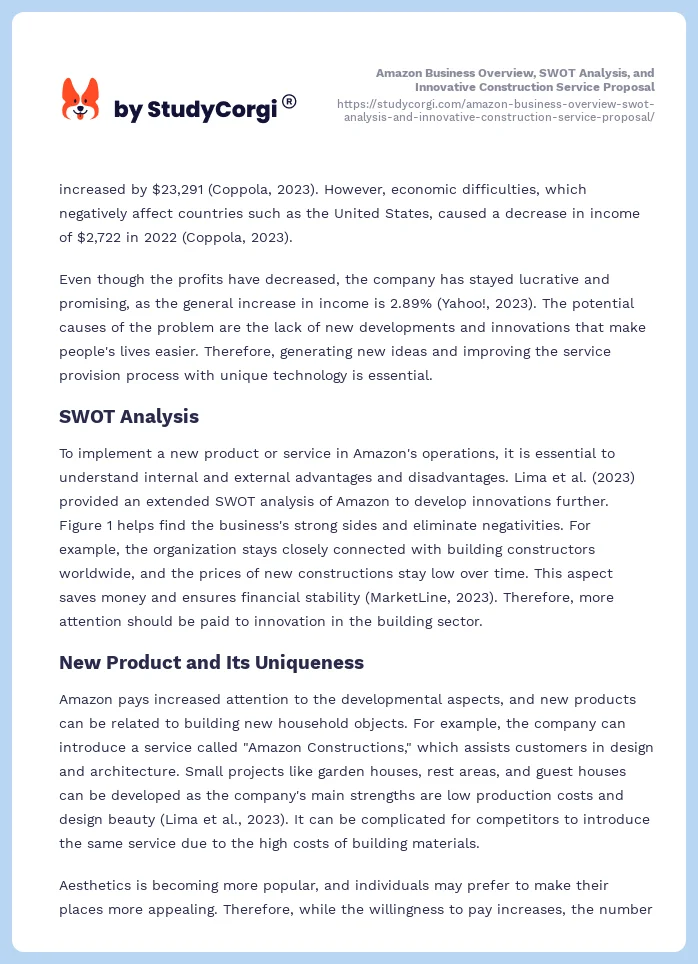 Amazon Business Overview, SWOT Analysis, and Innovative Construction Service Proposal. Page 2