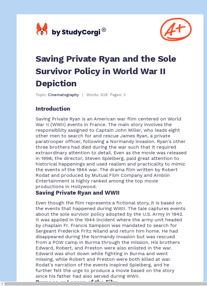 Saving Private Ryan and the Sole Survivor Policy in World War II Depiction. Page 1
