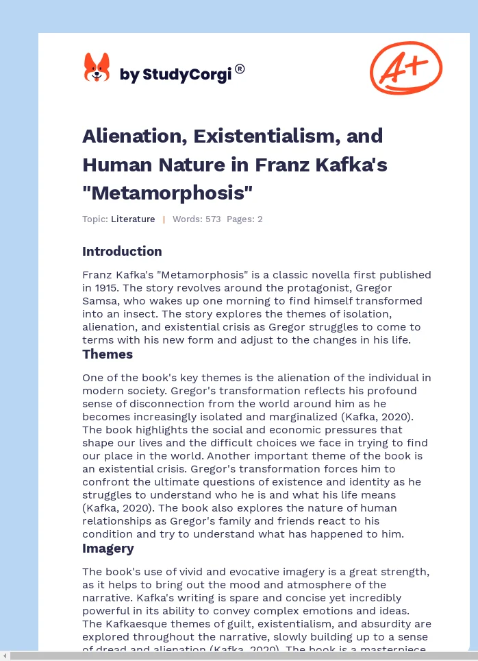 Alienation, Existentialism, and Human Nature in Franz Kafka's "Metamorphosis". Page 1