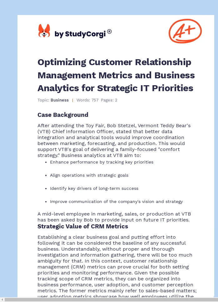 Optimizing Customer Relationship Management Metrics and Business Analytics for Strategic IT Priorities. Page 1