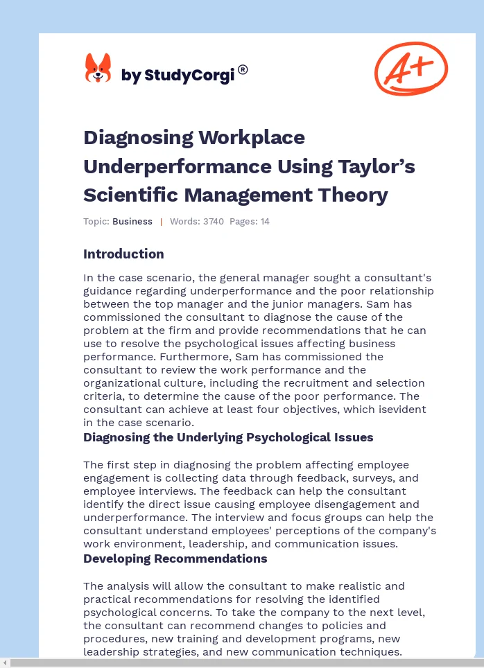 Diagnosing Workplace Underperformance Using Taylor’s Scientific Management Theory. Page 1