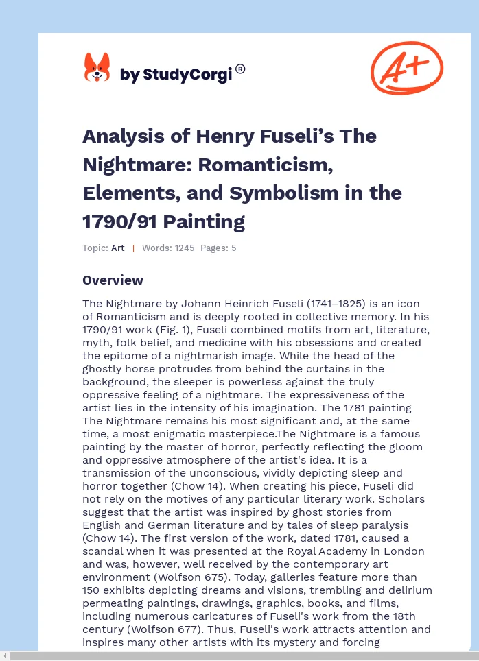 Analysis of Henry Fuseli’s The Nightmare: Romanticism, Elements, and Symbolism in the 1790/91 Painting. Page 1