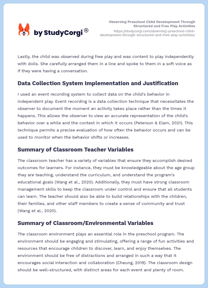 Observing Preschool Child Development Through Structured and Free Play Activities. Page 2