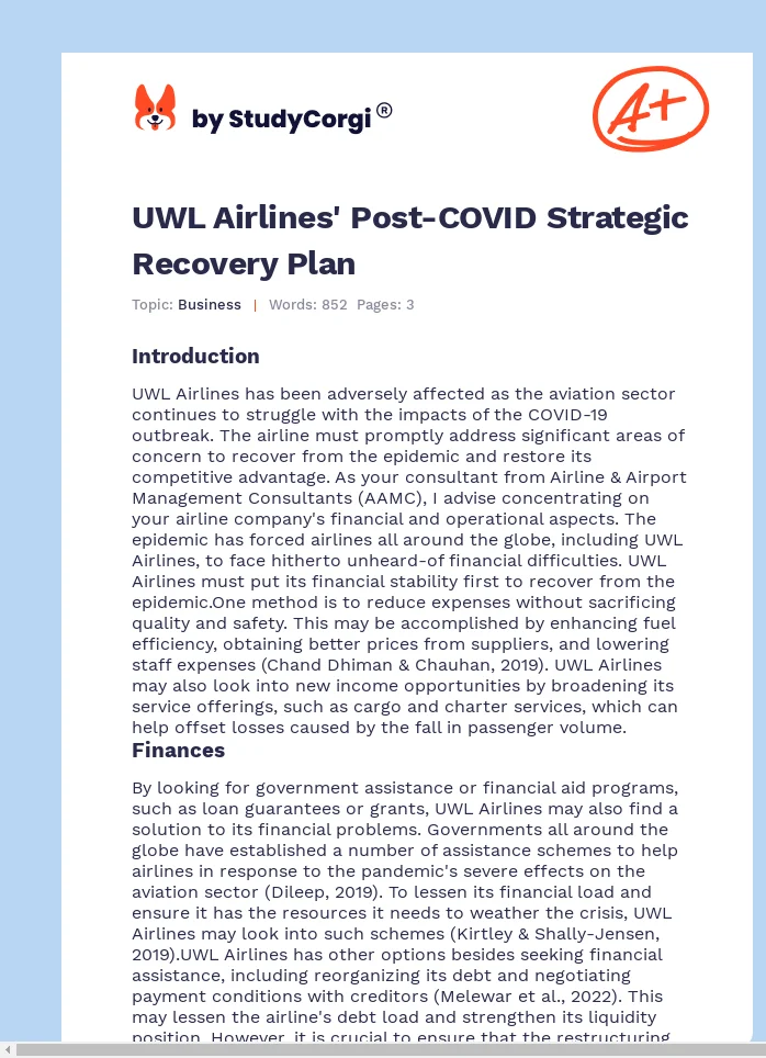 UWL Airlines' Post-COVID Strategic Recovery Plan. Page 1
