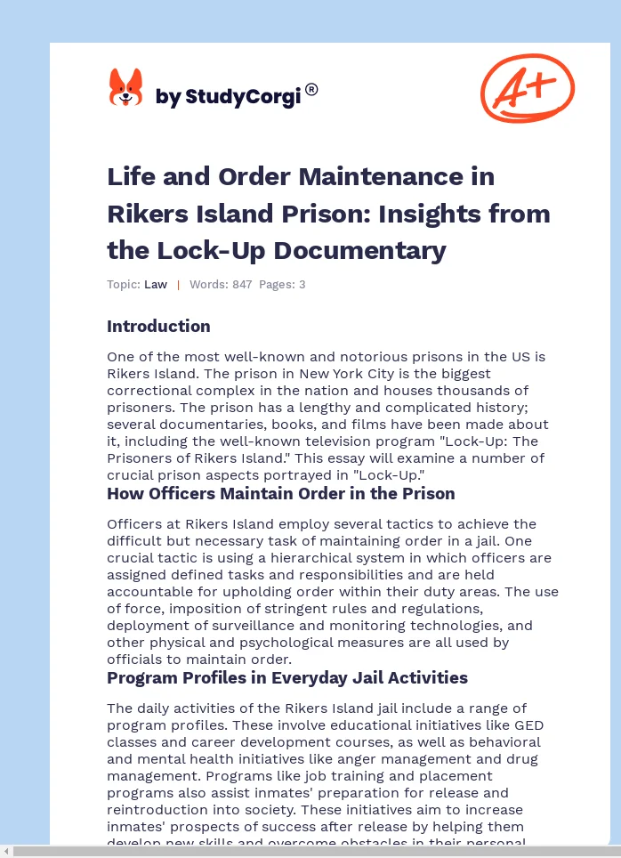 Life and Order Maintenance in Rikers Island Prison: Insights from the Lock-Up Documentary. Page 1