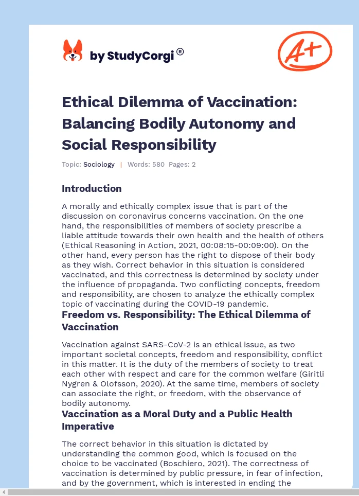 Ethical Dilemma of Vaccination: Balancing Bodily Autonomy and Social Responsibility. Page 1