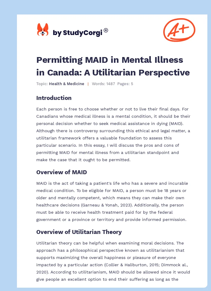 Permitting MAID in Mental Illness in Canada: A Utilitarian Perspective. Page 1