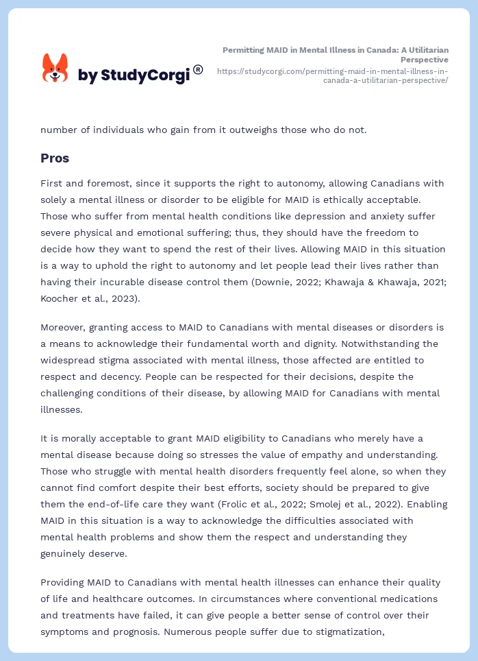 Permitting MAID in Mental Illness in Canada: A Utilitarian Perspective. Page 2