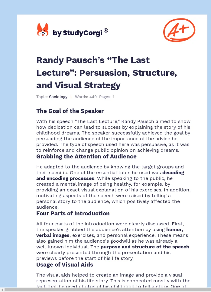 Randy Pausch’s “The Last Lecture”: Persuasion, Structure, and Visual Strategy. Page 1