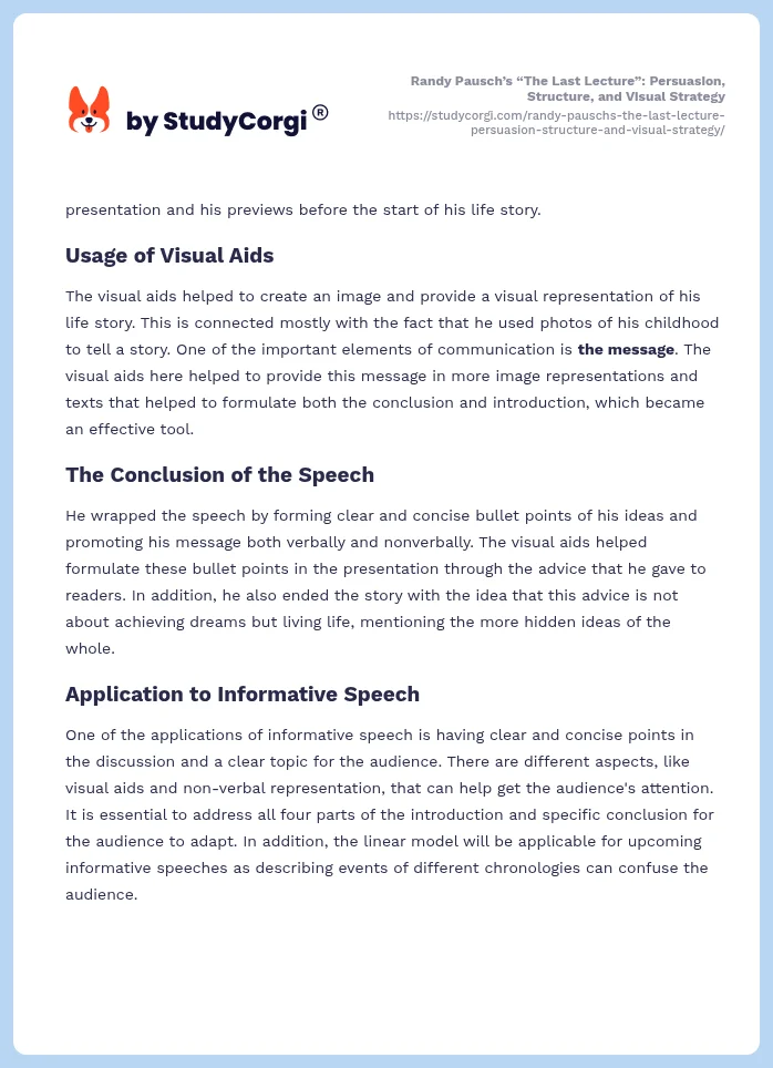 Randy Pausch’s “The Last Lecture”: Persuasion, Structure, and Visual Strategy. Page 2