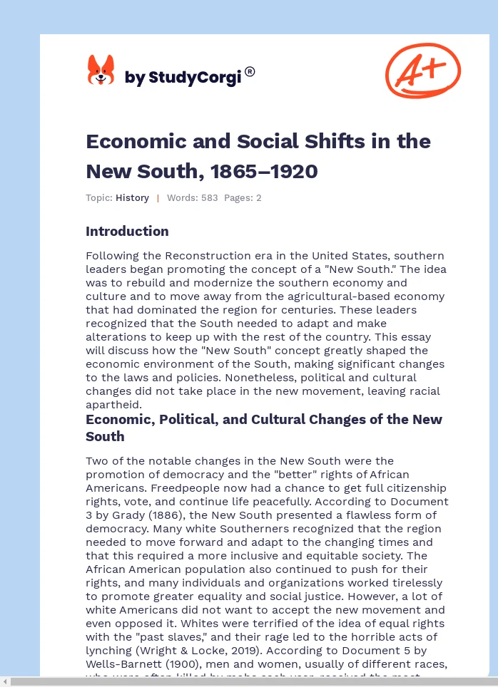 Economic and Social Shifts in the New South, 1865–1920. Page 1