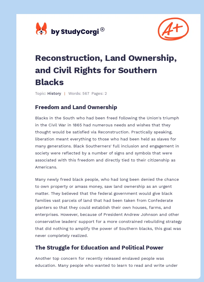 Reconstruction, Land Ownership, and Civil Rights for Southern Blacks. Page 1