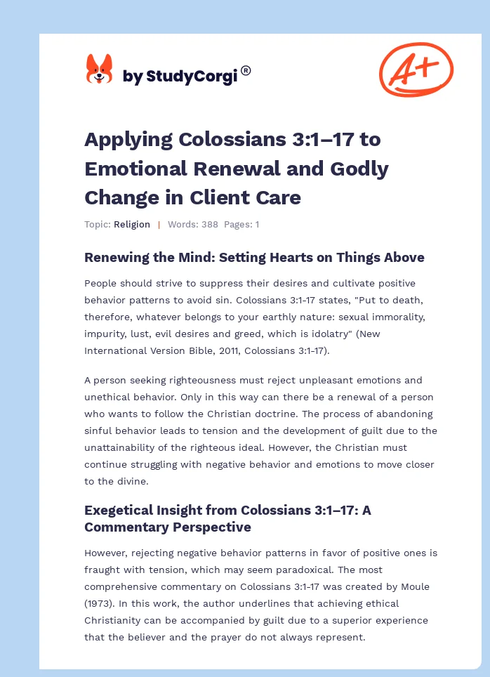 Applying Colossians 3:1–17 to Emotional Renewal and Godly Change in Client Care. Page 1