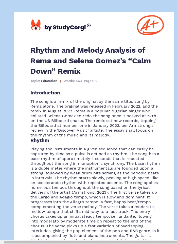 Rhythm and Melody Analysis of Rema and Selena Gomez’s “Calm Down” Remix. Page 1