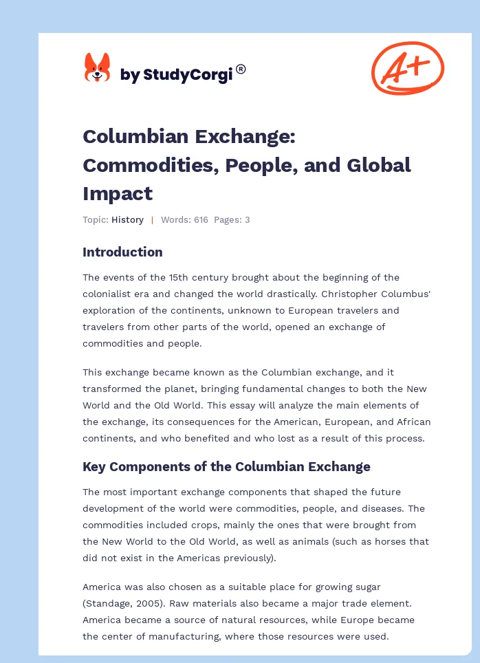 Columbian Exchange: Commodities, People, and Global Impact. Page 1