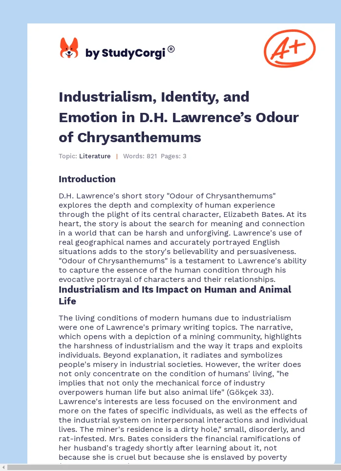 Industrialism, Identity, and Emotion in D.H. Lawrence’s Odour of Chrysanthemums. Page 1