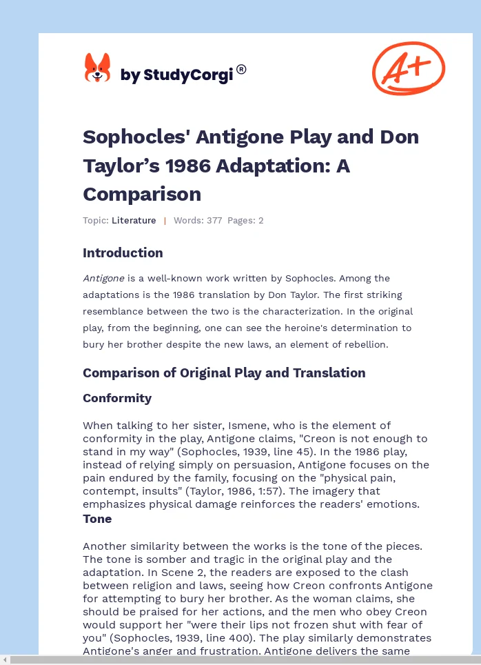 Sophocles' Antigone Play and Don Taylor’s 1986 Adaptation: A Comparison. Page 1